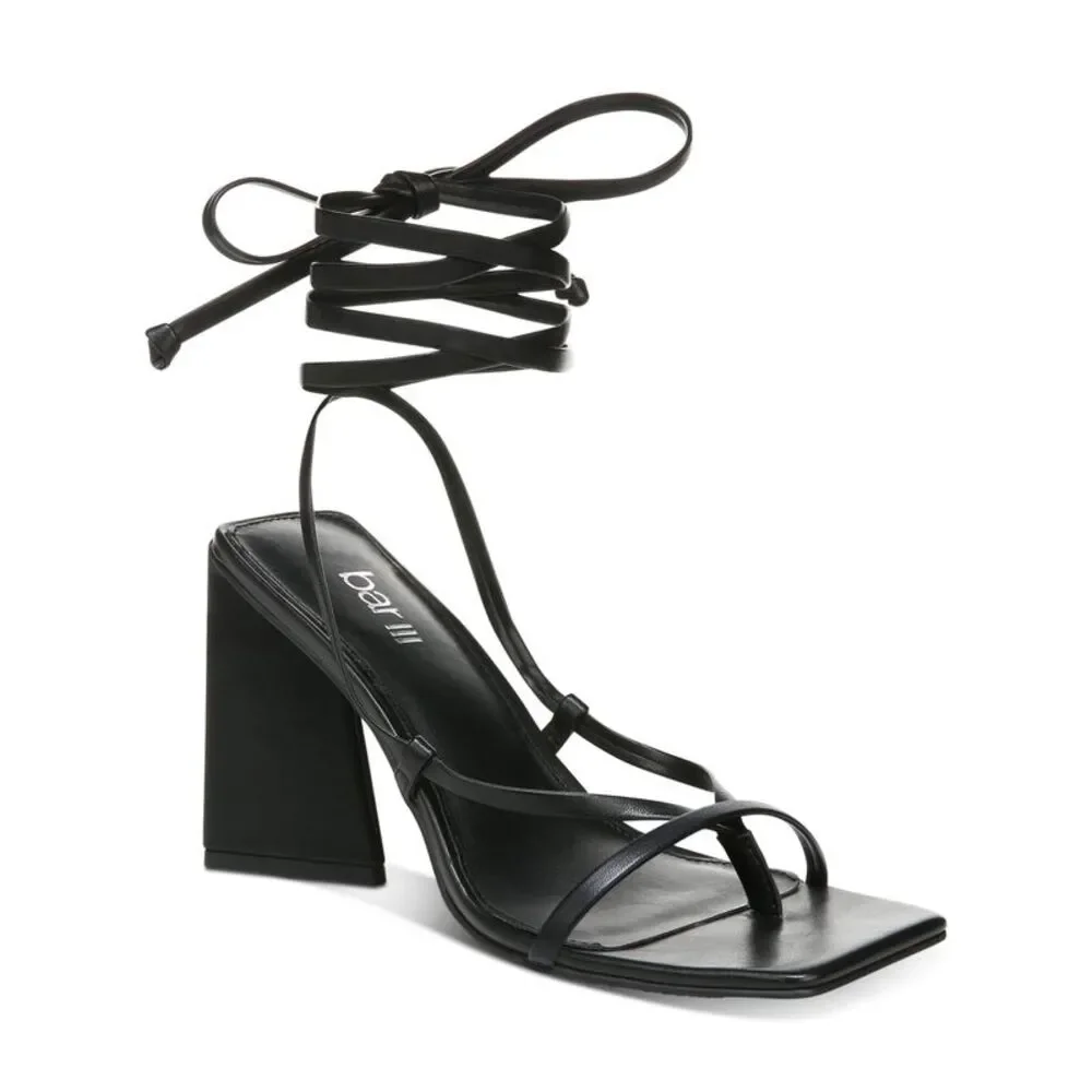 BAR III Womens Black Strappy Alana Square Toe Flare Heeled Thong Sandals 7 M